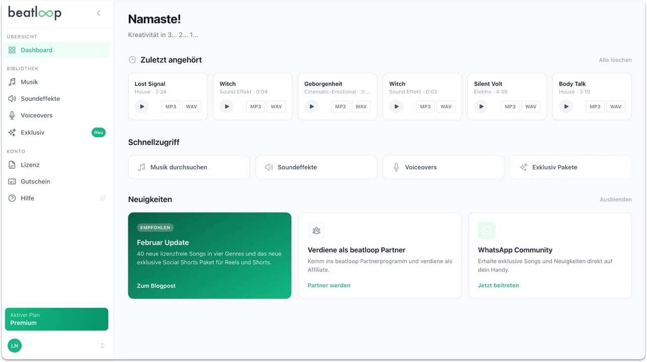 beatloop Dashboard mit neuem Design